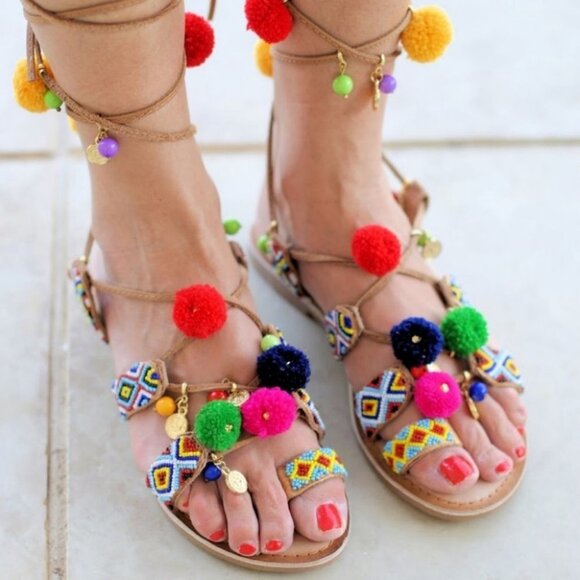 India Grace Pipa Boho Tie Up PomPom Gladiator Sandals Size 5 Sambag Charms Beach - Picture 3 of 16